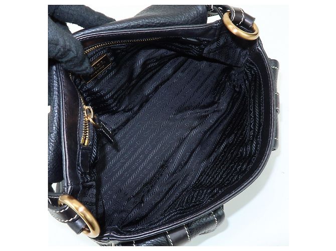 Borsa a spalla e borsa a mano in pelle con logo e cuciture PRADA Nero - vista 23