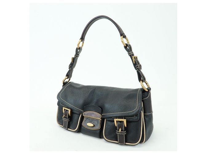 Borsa a spalla e borsa a mano in pelle con logo e cuciture PRADA Nero - vista 3