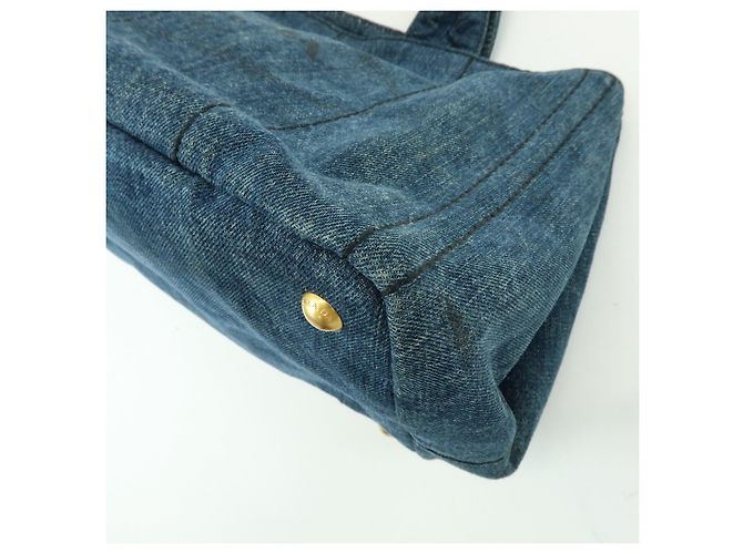 Borsa Tote Prada Triangle Logo Canapa Denim Borsa a Mano Blu - vista 10