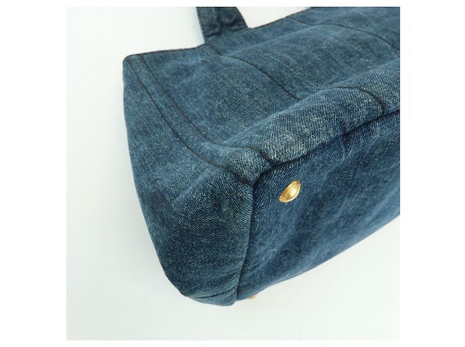 Borsa Tote Prada Triangle Logo Canapa Denim Borsa a Mano Blu - vista 11