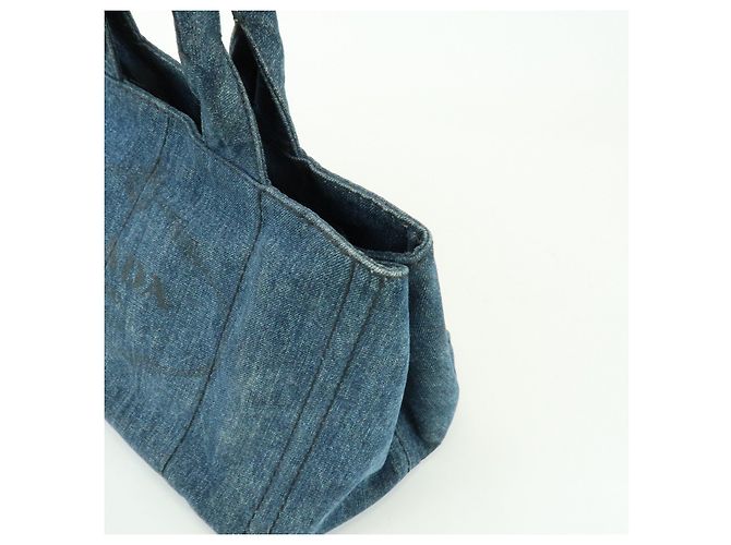 Borsa Tote Prada Triangle Logo Canapa Denim Borsa a Mano Blu - vista 13