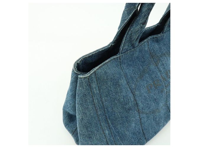 Borsa Tote Prada Triangle Logo Canapa Denim Borsa a Mano Blu - vista 14
