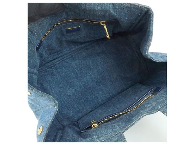 Borsa Tote Prada Triangle Logo Canapa Denim Borsa a Mano Blu - vista 16