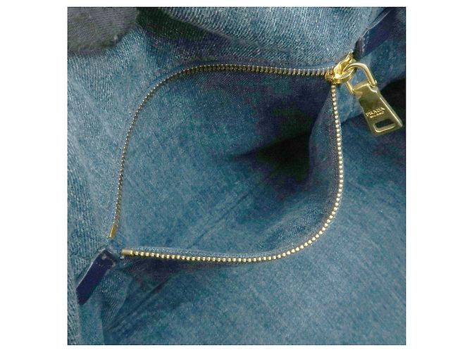 Borsa Tote Prada Triangle Logo Canapa Denim Borsa a Mano Blu - vista 17