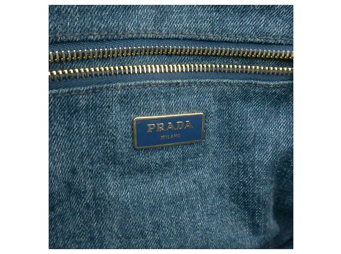 Borsa Tote Prada Triangle Logo Canapa Denim Borsa a Mano Blu - vista 18