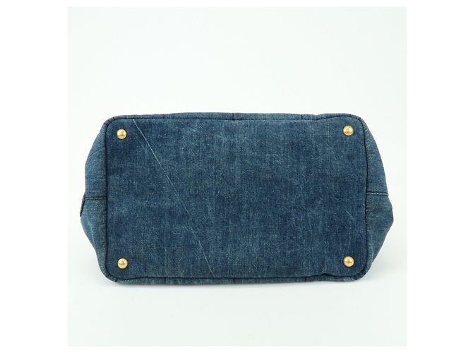 Borsa Tote Prada Triangle Logo Canapa Denim Borsa a Mano Blu - vista 5