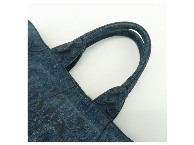 Borsa Tote Prada Triangle Logo Canapa Denim Borsa a Mano Blu - vista 6