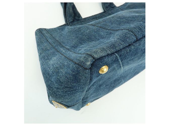 Borsa Tote Prada Triangle Logo Canapa Denim Borsa a Mano Blu - vista 9