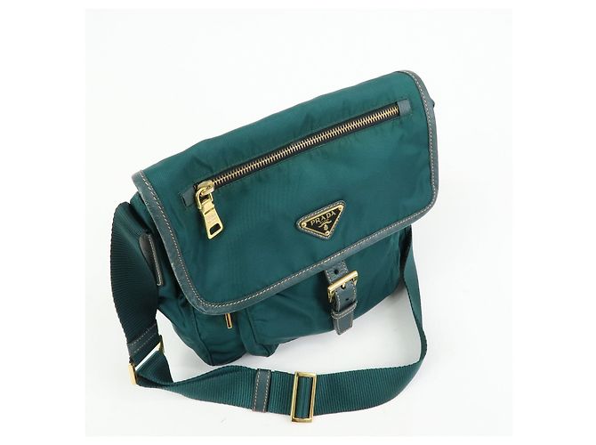 Borsa a tracolla PRADA in nylon e pelle Saffiano con logo triangolare Verde - vista 4