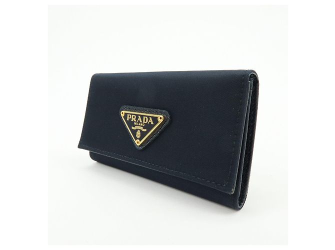 PRADA Triangle Logo Nylon Saffiano Leather Key Case Black 1M0222 - view 3