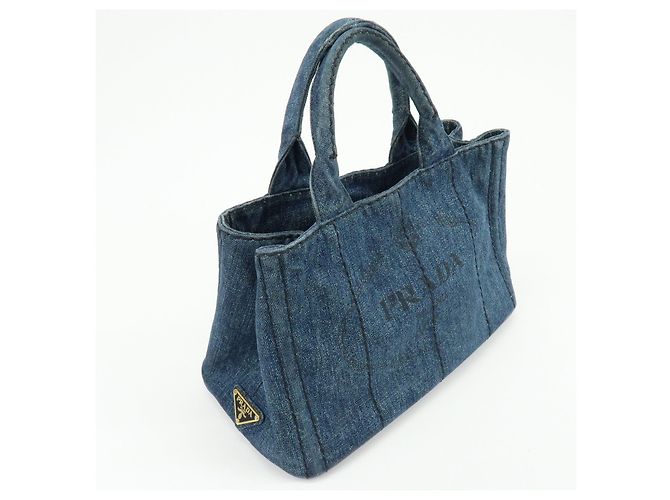 PRADA Canapa Mini Triangle Logo Denim 2Way Bag Hand Bag Blue B2439G - vista 4