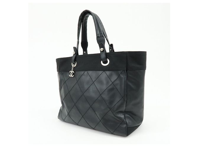 CHANEL Paris Biarritz COCO Mark Leder Canvas Tote Bag Schwarz A34209 - Ansicht 3