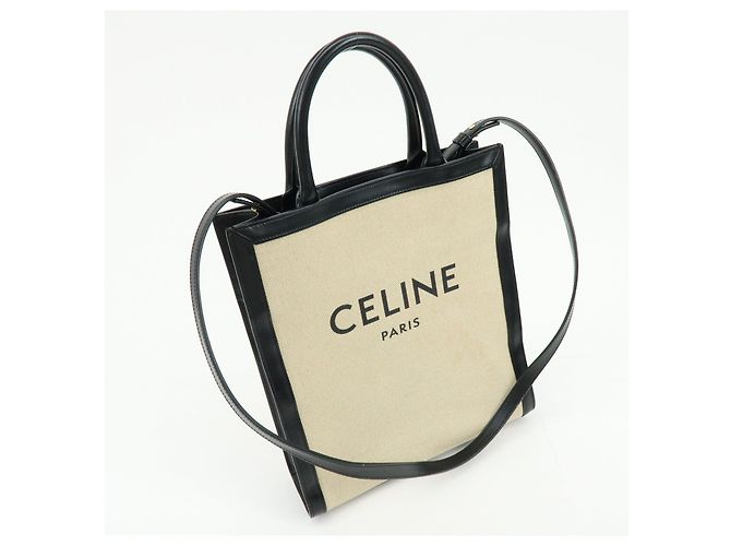 Céline CELINE Small Vertical Cabas Canvas Leather 2WAY Bag Tote Bag Beige Black - vista 4