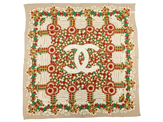 Sciarpa CHANEL COCO Mark Silk100% Fantasia Gioielli Marrone Rosso - vista 2