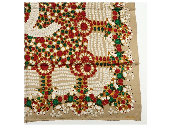 Sciarpa CHANEL COCO Mark Silk100% Fantasia Gioielli Marrone Rosso - vista 6