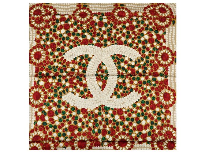Sciarpa CHANEL COCO Mark Silk100% Fantasia Gioielli Marrone Rosso - vista 7