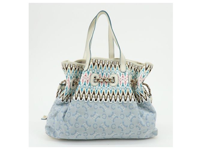 Céline Borsa a mano CELINE Macadam Canvas Leather Raffia Light Blue White - vista 2