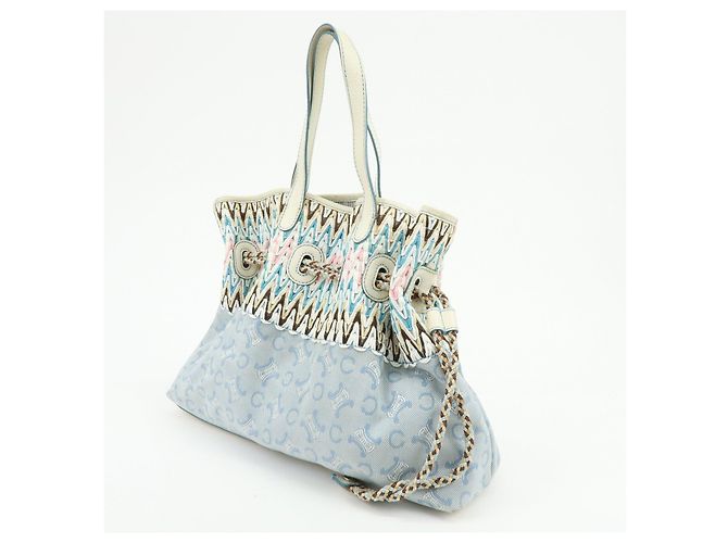 Céline Borsa a mano CELINE Macadam Canvas Leather Raffia Light Blue White - vista 3