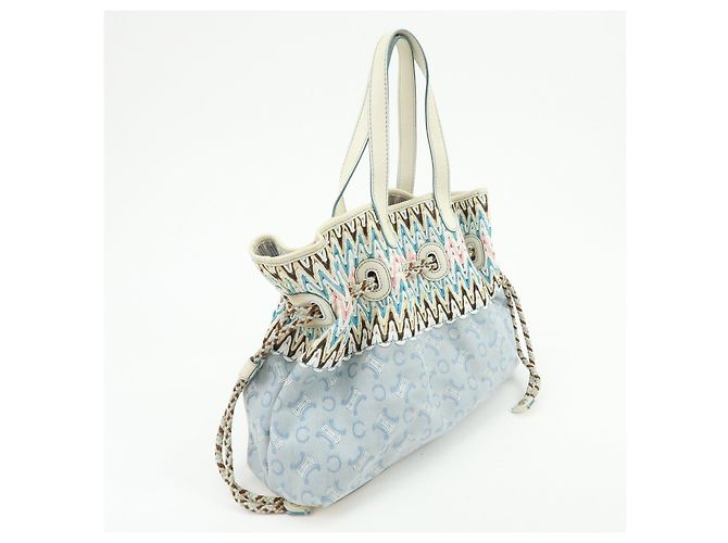 Céline Borsa a mano CELINE Macadam Canvas Leather Raffia Light Blue White - vista 4
