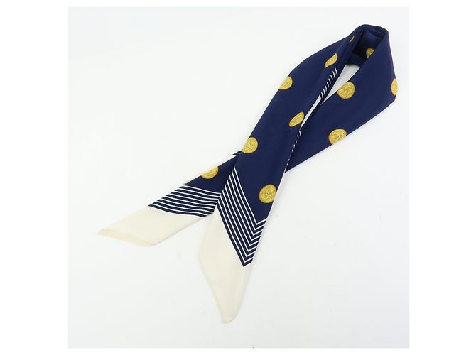 Sciarpa CHANEL COCO Mark 100% seta Coin Strip Navy Bianco Giallo - vista 14