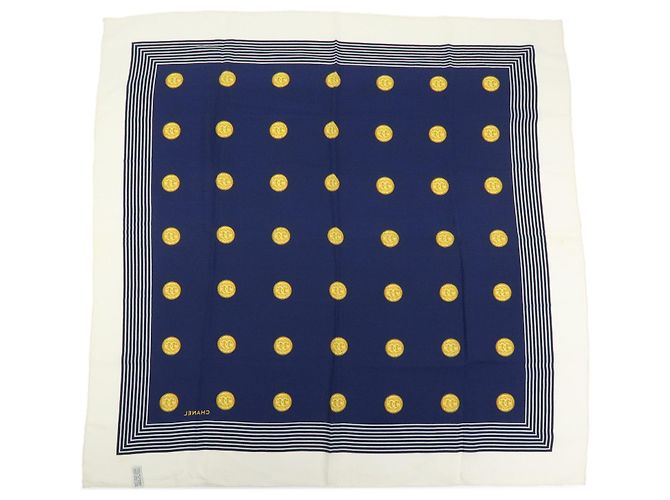 Sciarpa CHANEL COCO Mark 100% seta Coin Strip Navy Bianco Giallo - vista 2