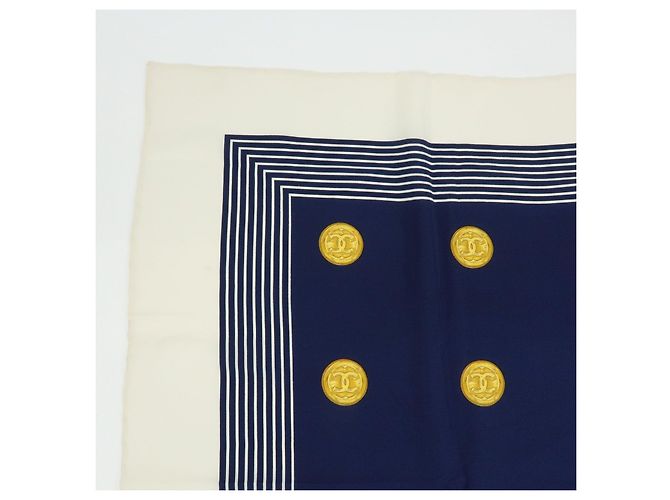 Sciarpa CHANEL COCO Mark 100% seta Coin Strip Navy Bianco Giallo - vista 3