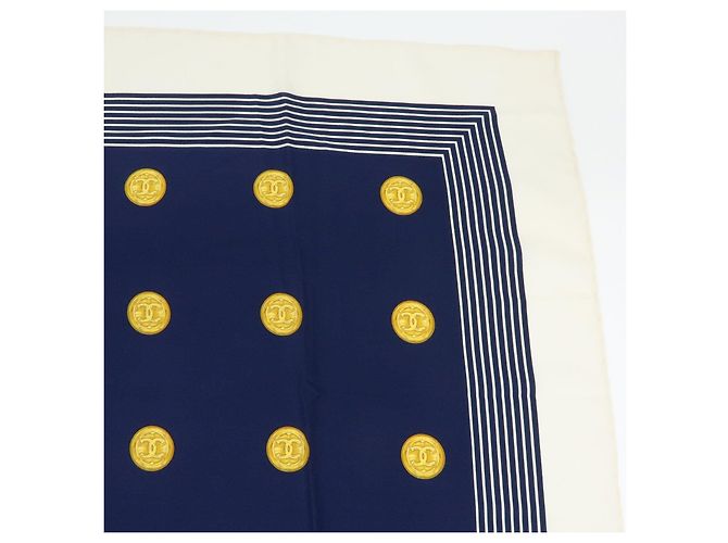 Sciarpa CHANEL COCO Mark 100% seta Coin Strip Navy Bianco Giallo - vista 4