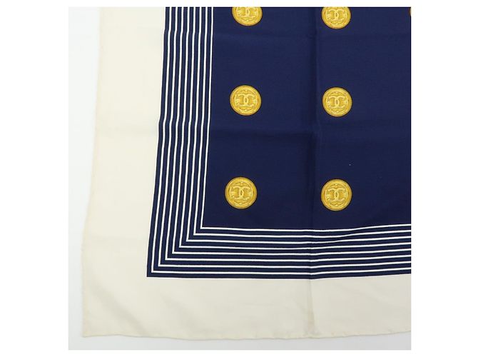 Sciarpa CHANEL COCO Mark 100% seta Coin Strip Navy Bianco Giallo - vista 5