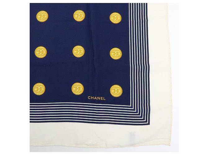 Sciarpa CHANEL COCO Mark 100% seta Coin Strip Navy Bianco Giallo - vista 6
