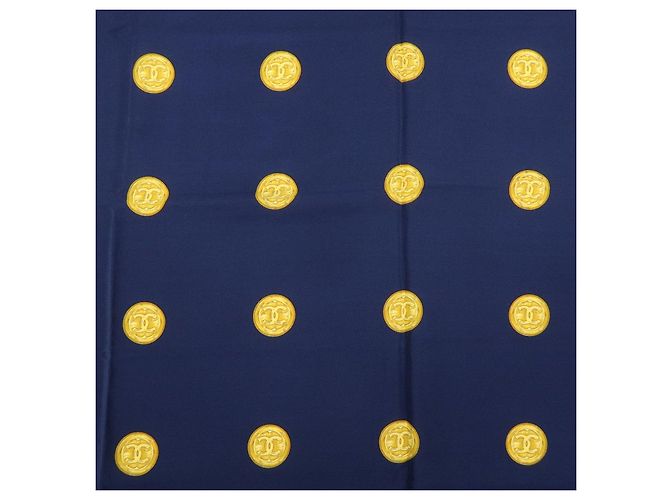 Sciarpa CHANEL COCO Mark 100% seta Coin Strip Navy Bianco Giallo - vista 7