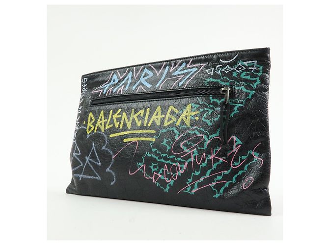 BALENCIAGA Pochette in pelle Graffiti Nero Multicolor 459745 - vista 3