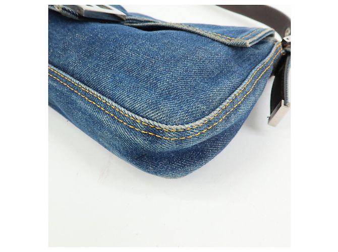 FENDI Mamma Baguette Borsa a tracolla in pelle e denim Blu 26424 - vista 10