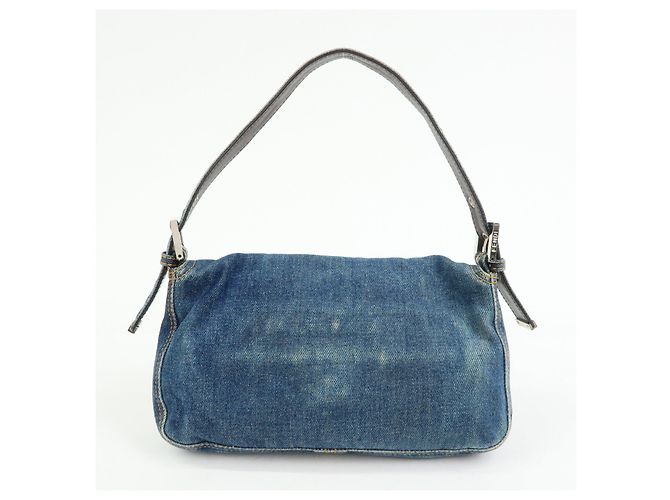FENDI Mamma Baguette Borsa a tracolla in pelle e denim Blu 26424 - vista 2