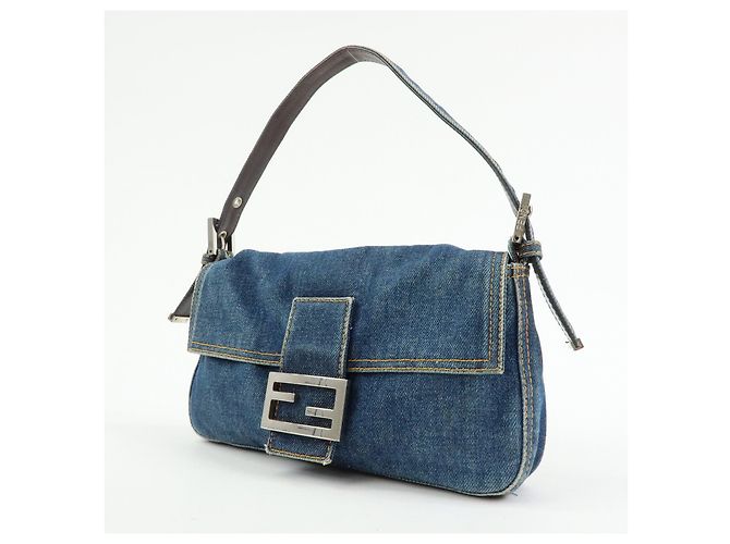 FENDI Mamma Baguette Borsa a tracolla in pelle e denim Blu 26424 - vista 3