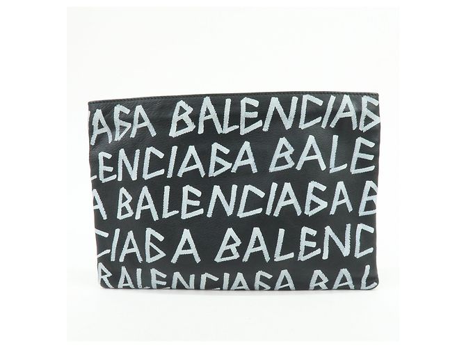 BALENCIAGA Pochette in pelle Graffiti Flat Pouch Nero Bianco - vista 2