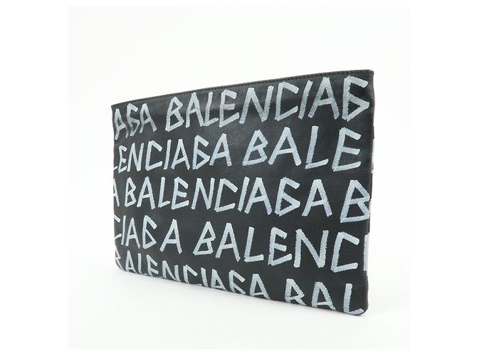 BALENCIAGA Pochette in pelle Graffiti Flat Pouch Nero Bianco - vista 3