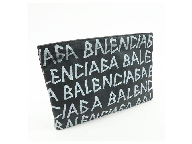 BALENCIAGA Pochette in pelle Graffiti Flat Pouch Nero Bianco - vista 4