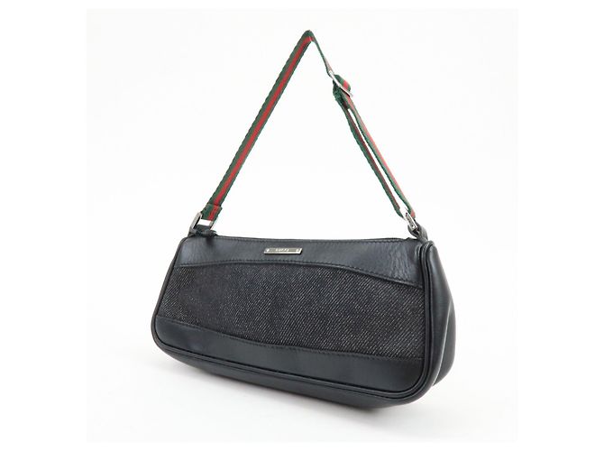 GUCCI Sherry Leather Denim Accessory Pouch Hand Bag Black 92820 - vista 3