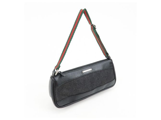 GUCCI Sherry Leather Denim Accessory Pouch Hand Bag Black 92820 - vista 4