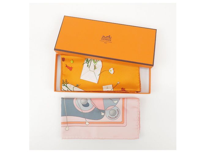 Hermès HERMES Carre 45 Set aus 2 Seidentüchern 100% Hellrosa Orange - Ansicht 16