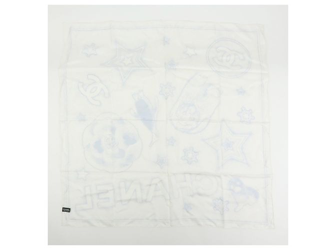 CHANEL Camelia COCO Mark Schal 100% Seide Bär Pinguin Weiß Hellblau - Ansicht 2