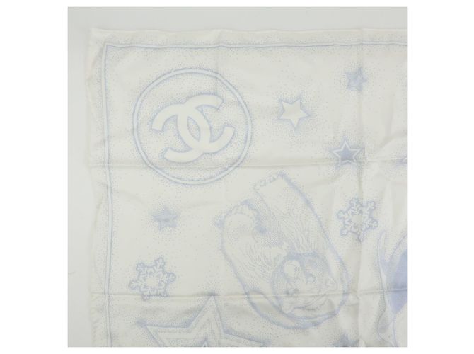 CHANEL Camelia COCO Mark Schal 100% Seide Bär Pinguin Weiß Hellblau - Ansicht 3
