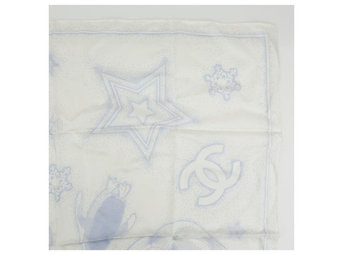 CHANEL Camelia COCO Mark Schal 100% Seide Bär Pinguin Weiß Hellblau - Ansicht 4