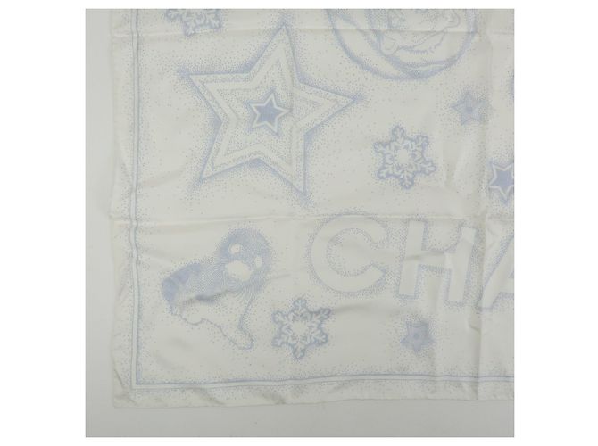 CHANEL Camelia COCO Mark Schal 100% Seide Bär Pinguin Weiß Hellblau - Ansicht 5