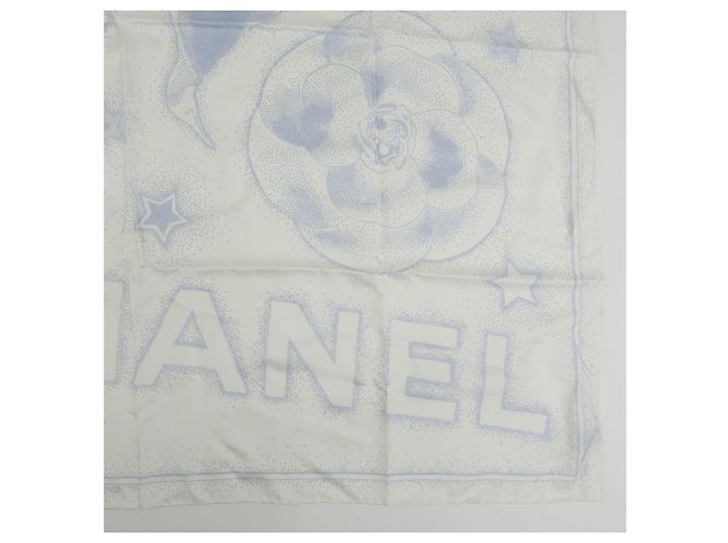 CHANEL Camelia COCO Mark Schal 100% Seide Bär Pinguin Weiß Hellblau - Ansicht 6