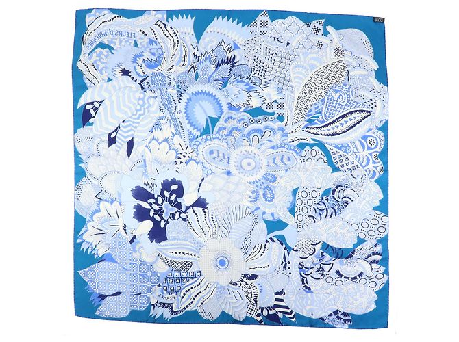 Hermès HERMES Carre 90 Seidentuch 100% FLEURS DINDIENNES Blue White - Ansicht 2