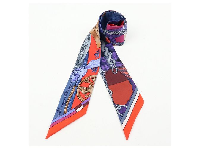 Hermès HERMES Twilly Silk 100% Scarf CAVALLERIA D ETRIERS Red Purple Blue - vista 10