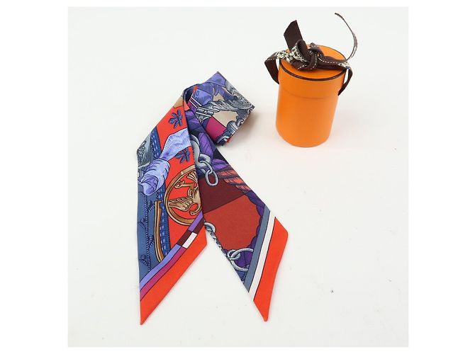 Hermès HERMES Twilly Silk 100% Scarf CAVALLERIA D ETRIERS Red Purple Blue - vista 11