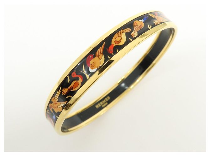 Hermès HERMES Email PM Bracciale Rigido in Metallo Motivo Uccelli Nero Oro - vista 6