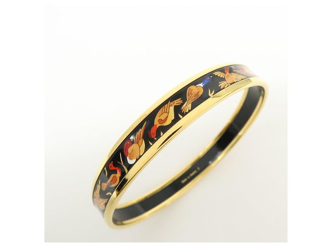 Hermès HERMES Email PM Bracciale Rigido in Metallo Motivo Uccelli Nero Oro - vista 7